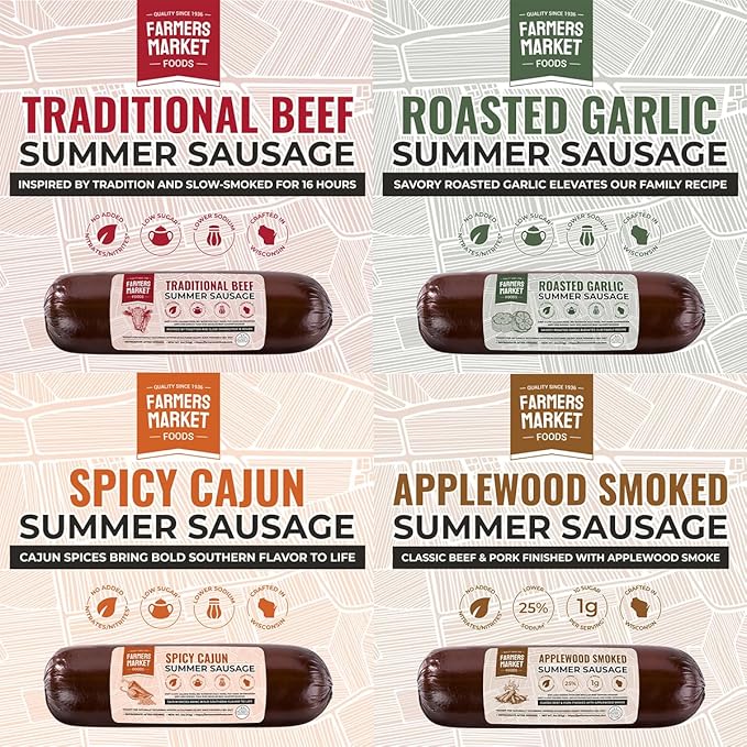 Farmers Market, Gluten Free, Keto, Paleo, Low Sodium, Zero Sugar, Summer Sausage Gift Set, 12oz 4-Pack Variety