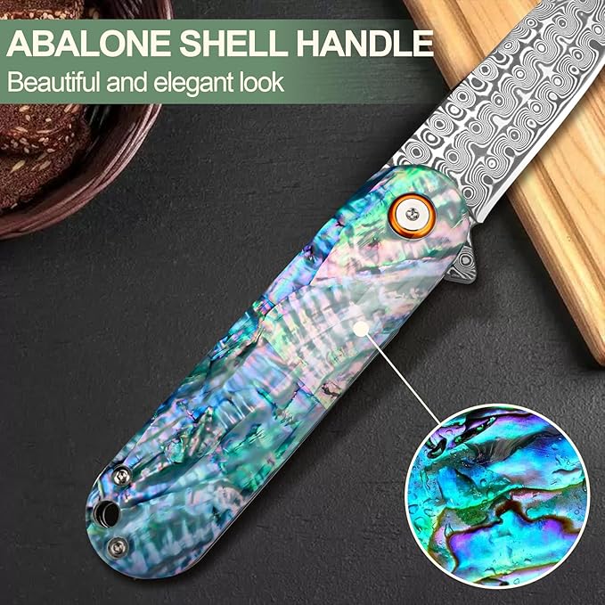 Damascus Pocket Knife with Sheath 2.95" Damascus Steel Blade Folding Knife with Abalone Shell Handle EDC Pocket Knives for Men Women Outdoor Indoor Camping