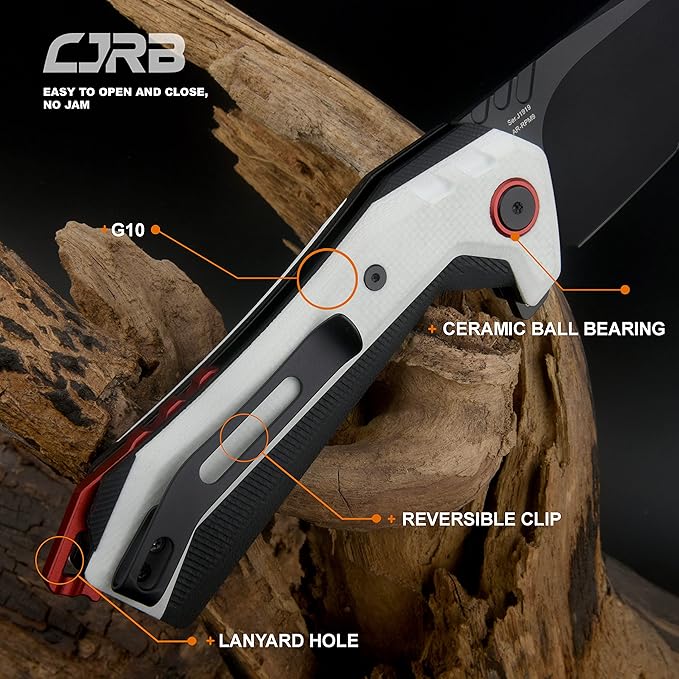 CJRB Tigris Pocket Knife, Folding Knife with AR-RPM9 Powder Steel Black PVD Blade Black & White G10 Handle for EDC Camping Hunting (J1919)