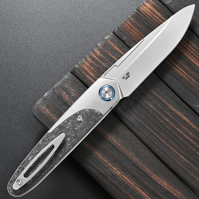 Sitivien ST992 Folding Pocket Knife,Handmade M390 Pearlescent Brushed Steel Blade,Titanium Carbon Fiber Handle EDC Tool Knife for Outdoor Camping,Hiking,Survival,Hunting(Gray) …