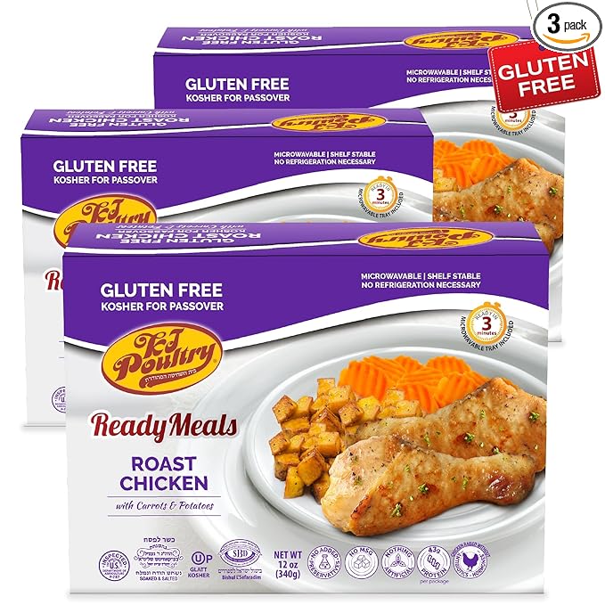 KJ Poultry Kosher for Passover Gluten Free Meals, Roast Chicken with Potato & Carrots, Halal, (3 Pack) Prepared Entree Fully Cooked, Shelf Stable Microwave Dinner, Travel Military Camping