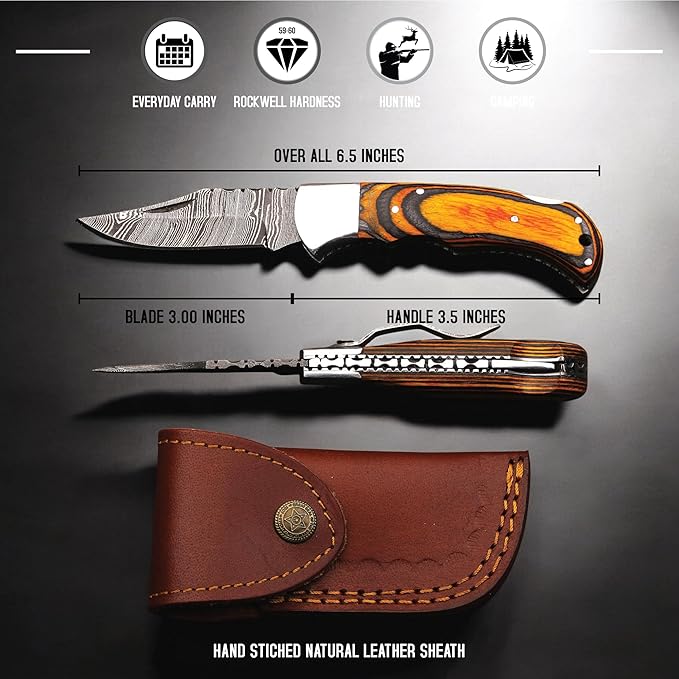 6.5 inch Damascus Pocket Knife with Sheath, Handmade Folding Pocket Knife for Men, Black-Red Wooden Handle with Brass Bolster, Secure Lock Back Camping Knife for EDC,Hunting,Hiking (Yellow)