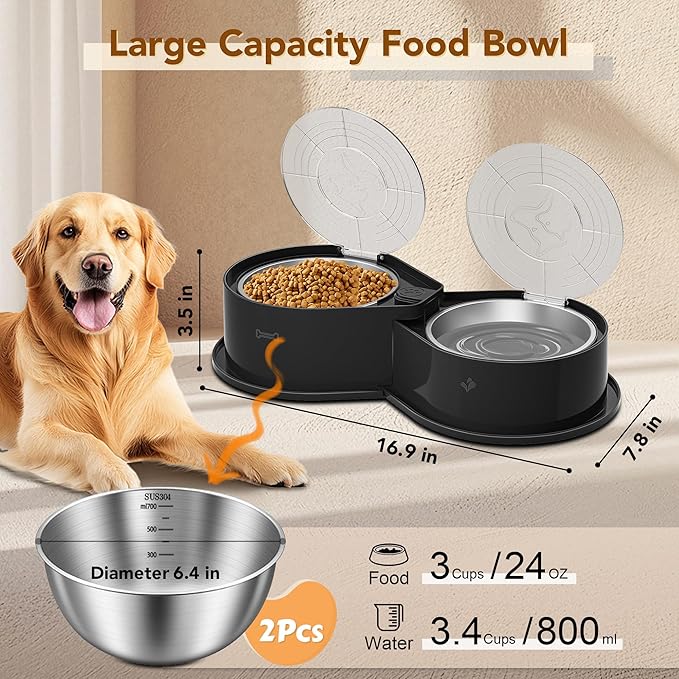 Stainless Steel Dog Bowl Set with Lids, 304 Metal Dual Food & Water Bowls for Dogs & Cats, Foldable Pet Feeder with Cover Keeps Food Fresh, Anti-Skid Dog Dish for Small/Medium/Large Pets