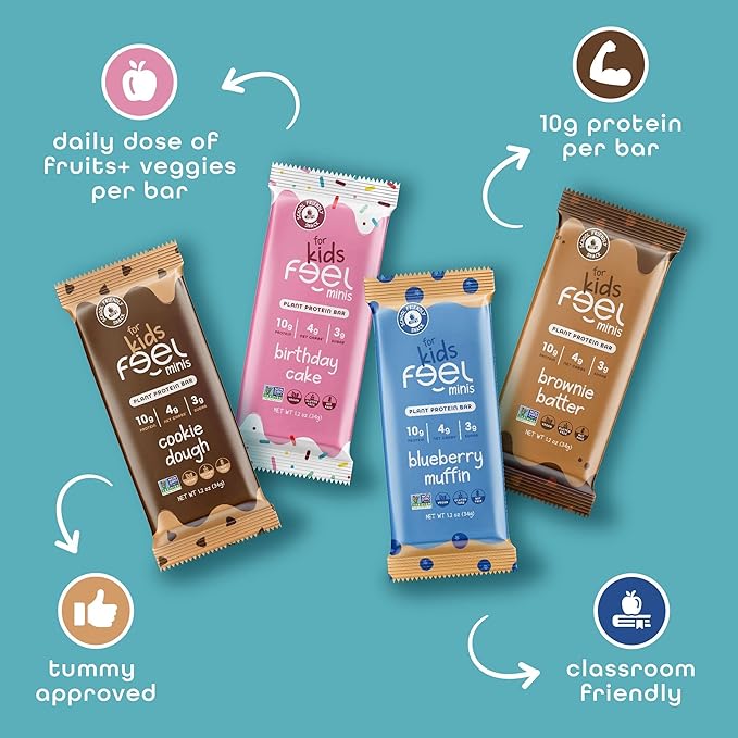 Feel Bar Minis ??Kids Protein Bars | Brownie Batter ??12 Pack | 10g Plant Protein | 100 Calories | No Added Sugar | + Daily Veggies | Gluten Free, No Nuts, No Soy, No Dairy, No Grains