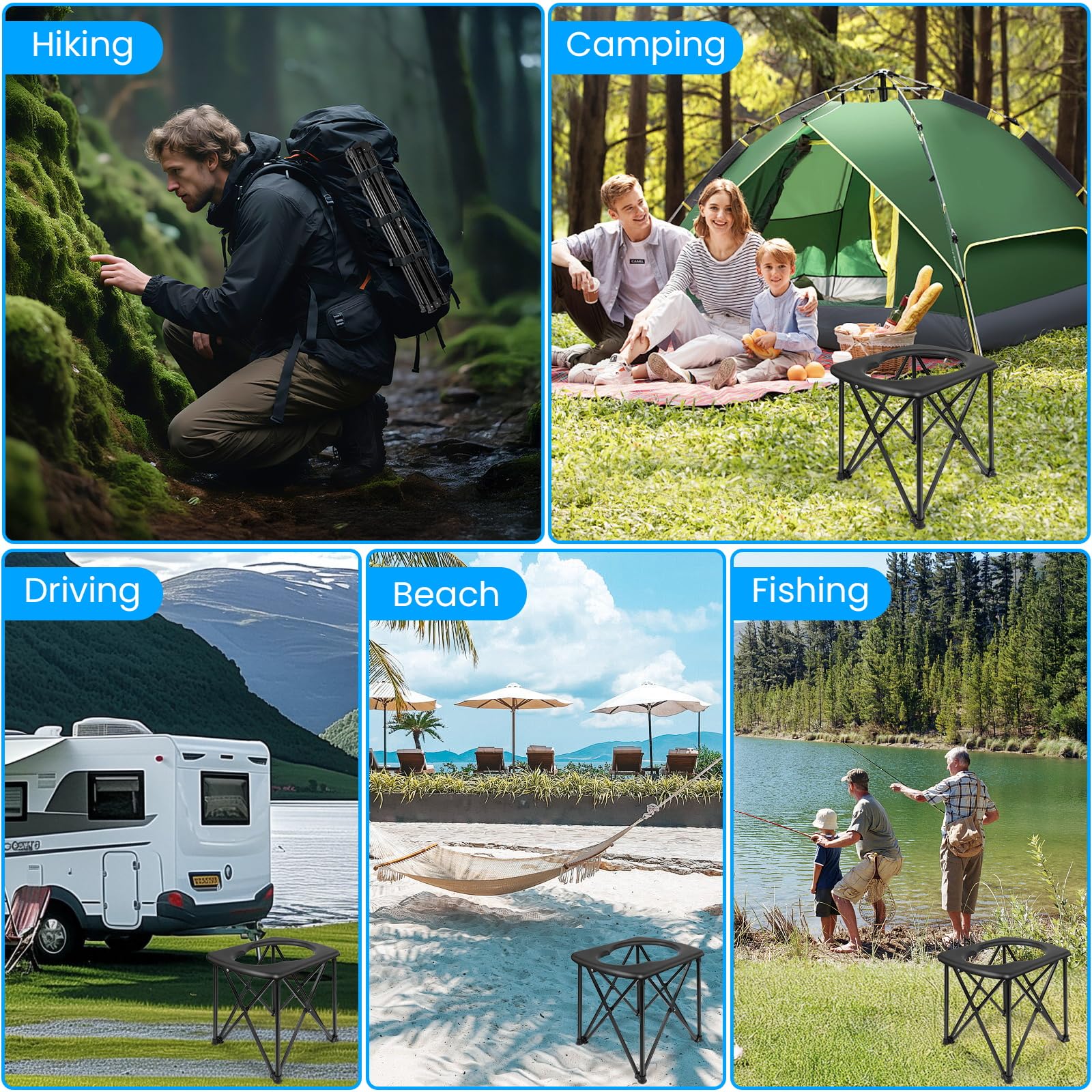15.6'' Portable Toilet for Camping, Ultralight Foldable Camping Toilet 2-Second Setup, 350LBS