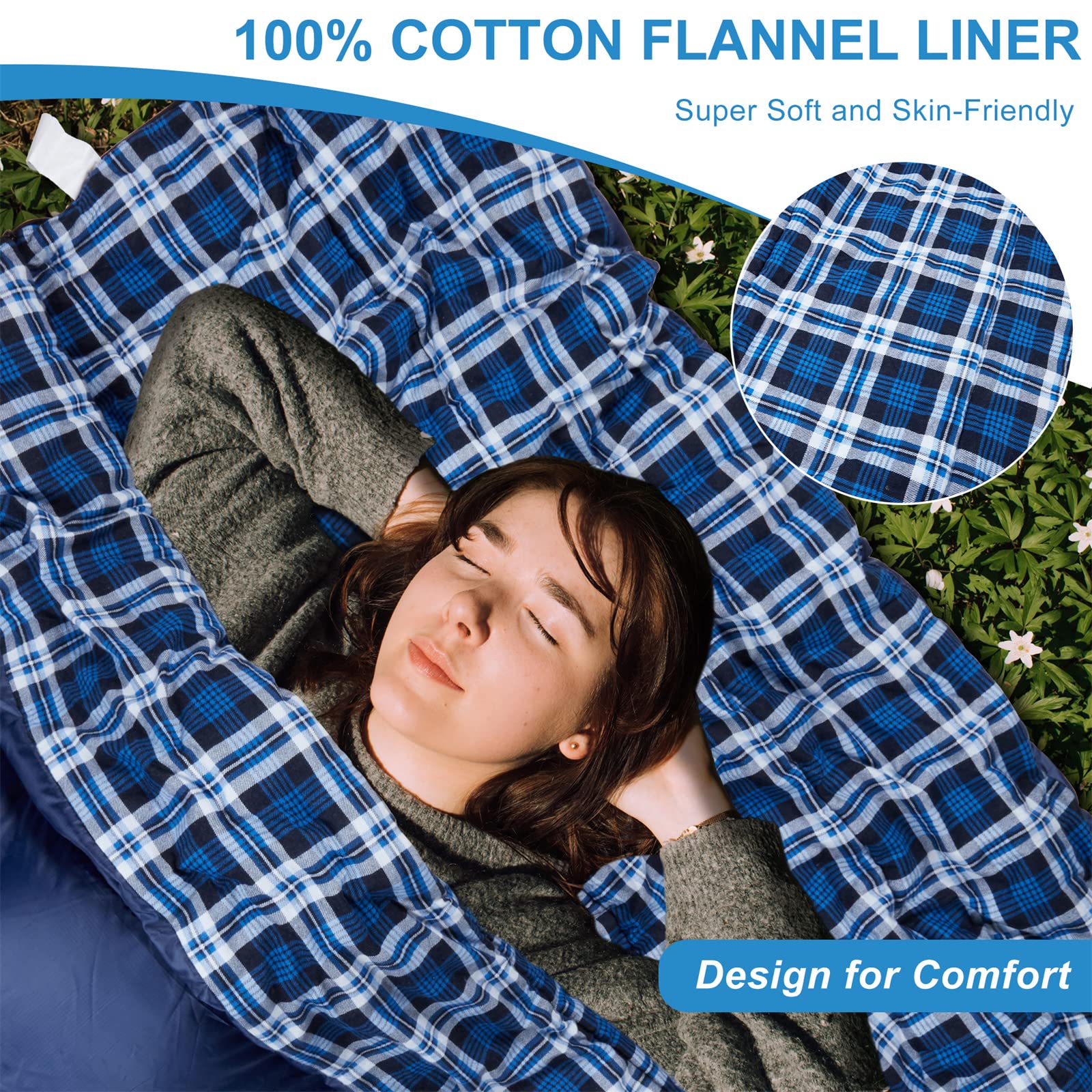 AGEMORE Cotton Flannel Double Sleeping Bag for Camping, Backpacking Or Hiking. Queen Size 2 Person