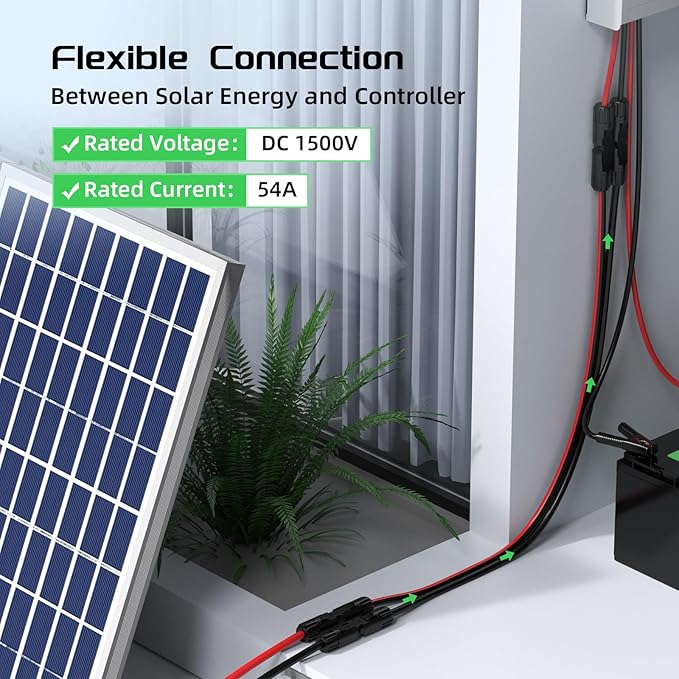 Bateria Power 6 Feet 10AWG Solar Panel Extension Cable, 10mm² Twin Wire Conductor Parallel Solar Wire Adapter Kit with Waterproof Female & Male Solar Connectors for RV, Marine, Photovoltaic Systems