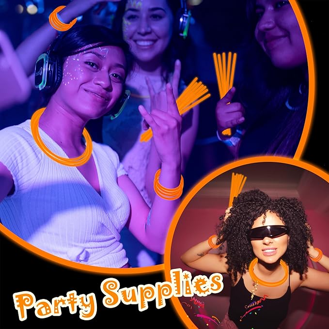100 pk 8" Orange Glow Sticks Bulk Party Favors, Light up Glow Necklaces & Bracelets in the Dark Party Supplies For Christmas Halloween Birthday Neon Party (100 * Orange)