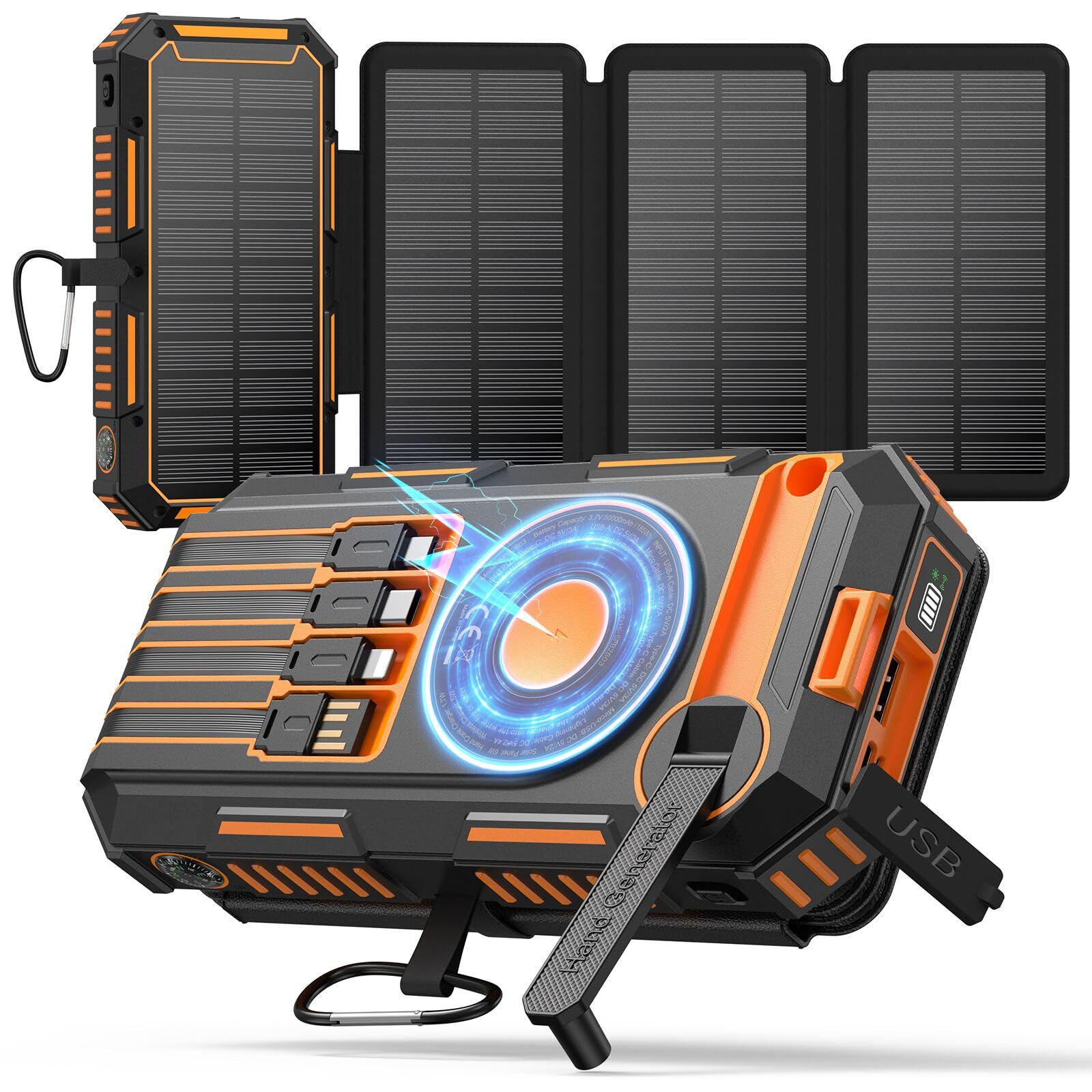 FEELLE Solar Power Bank 50000mAh Magnetic Portable Charger with Hand Crank