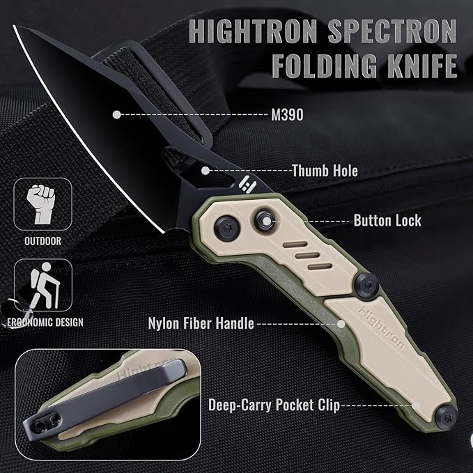 Hightron Spectron Folding Knife, 3.05" M390 Steel Blade and Nylon Fiber Handle, EDC Knives with Pocket Clip for Men Women Sharp Hiking Camping Survival Knife Khaki&Green