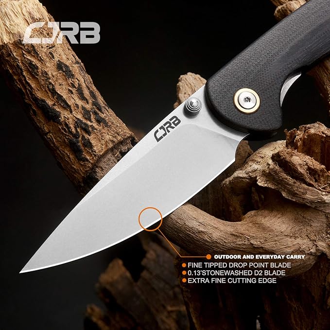 CJRB Folding Knife Feldspar Pocket Folding Knife Stonewash D2 Steel Blade G10 Tactical Handle EDC Knife Black Handle(J1912)