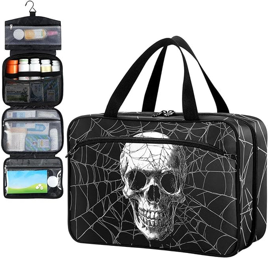 Fustylead Hand Draw Human Skull on Spider Web Travel Pill Bottle Organizer Large Home Storage Medication Bag with Zipper for Vitamins, First Aid, Fish Oil, Medical Supplies