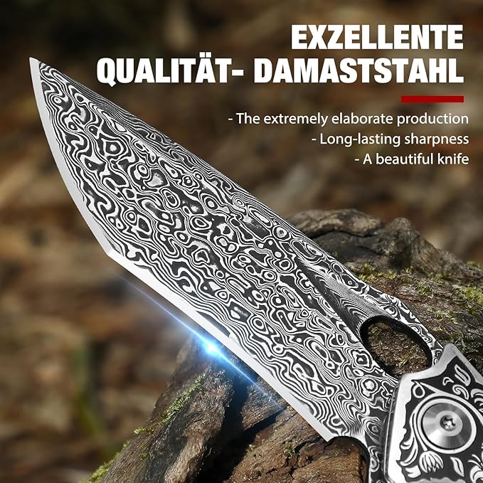 Damascus Steel Folding Pocket Knife with VG10 Core, Wooden Handle & Leather Sheath, Outdoor Knife and Gift for Collectors, Knife Lovers, and Enthusiasts