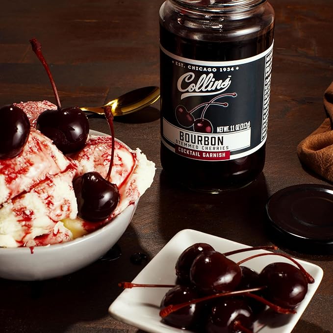 Collins Bourbon Cocktail Cherries - Drinks Garnish for Manhattan or Old Fashioned Cocktails and Desserts, Made with Award Winning Whiskey, 11 Ounce Glass Jar