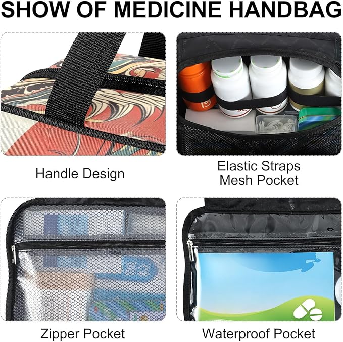 Fustylead Chinese Dragon Painting Empty Travel First Aid Bag Large Home Medication Bag with Zipper for Pills,Vitamin,Fish Oil,Supplements for Women and Men