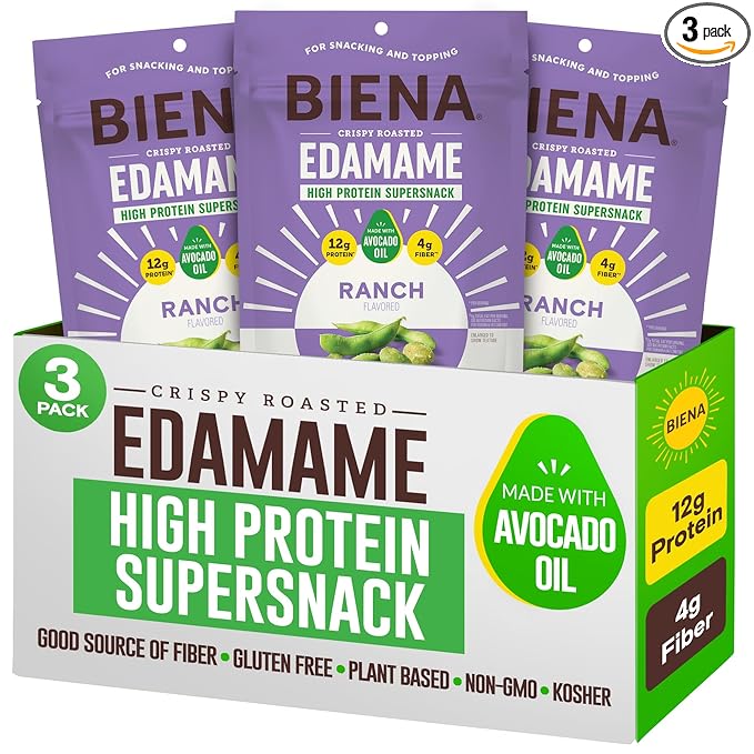 Biena Crispy Roasted Edamame Beans Snack ??High Protein Snack for Adults & Kids, 12g-13g Protein per Serving - Made with Avocado Oil ??Vegan, Low Carb, Gluten-Free ??3-Pack 4.75oz, Ranch