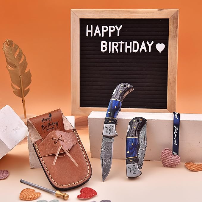 6.5' Personalized Engraved Damascus pocket knife for men Small folding knife for outdoor, camping, hiking, Customized Retirement Gifts for Husband Dad Boyfriend, Christmas