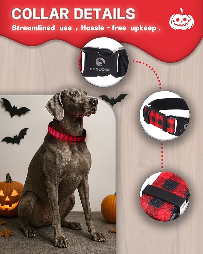 DOGWONG LED Dog Collar - Christmas Red Plaid Heavy Duty Light up Dog Collars - Rechargeable Waterproof - Lighted Dog Collars for Night Walking, Hiking, Camping(Red Plaid,L)
