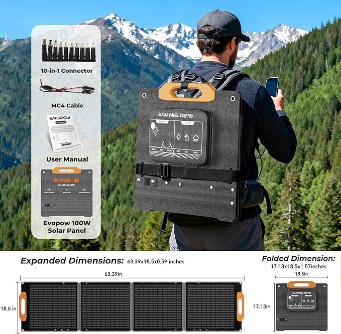 100W Foldable Solar Panel Charger, 18V Monocrystalline with USB-C & USB-A (18W Max), 10-in-1 DC/MC4 Outputs, IP67 Waterproof, ETFE High-Efficiency for RV, Camping, Van, Power Station