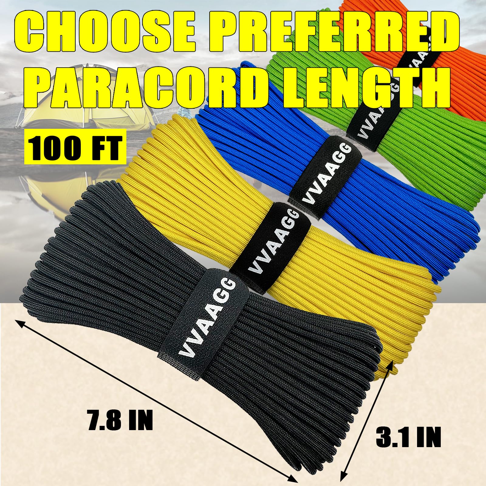 VVAAGG 1000 Black Paracord Rope 100FT Utility Nylon Heavy Duty 12 Strand Parachute Cord for