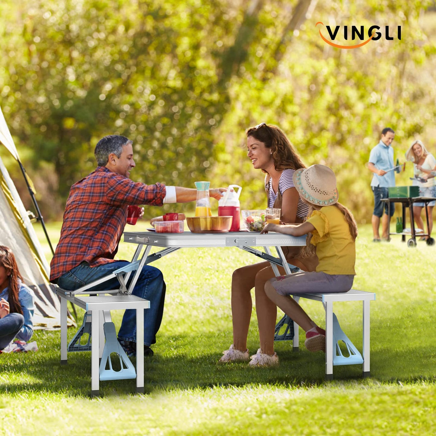 VINGLI 4Ft Folding Camping Picnic Table with Seats/Umbrella Hole-265 Lbs Support that Lightweight