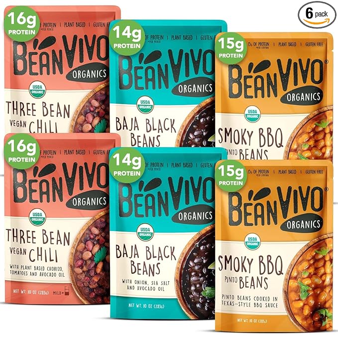 BeanVIVO - Variety 6 Pack (10 oz each) - Organic Baja Black Beans, Three Bean Vegan Chili, BBQ Pinto Beans - Seasoned & Ready to Eat, Plant Protein, Vegan, Gluten Free, Microwaveable, Instant Meals