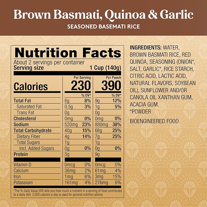 Royal Basmati Brown Rice with Quinoa and Garlic - Ready to Heat Basmati Rice - (6 Pack) 8.5 oz Microwaveable Pouch