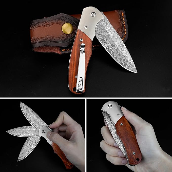 KOMWERO Damascus Pocket Knife with Clip for Men, VG10 Damascus Steel Folding Knives, EDC Damascus Knife with Leather Sheath Wooden Handle for Camping Collection
