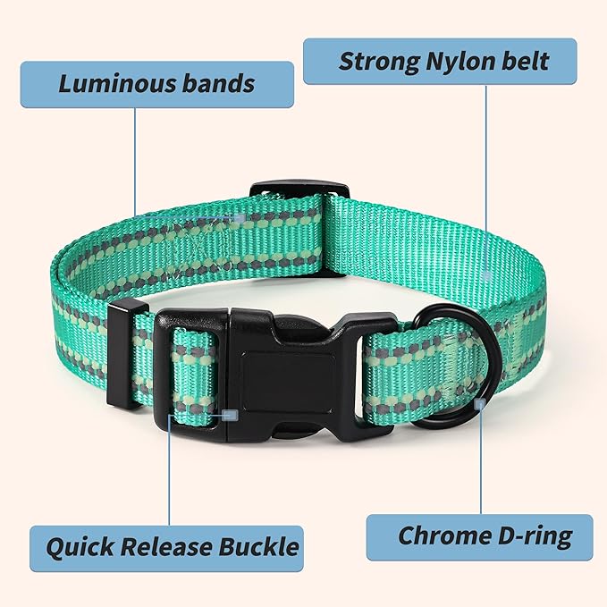 Mile High Life Reflective Dog Collar, Basic Dog Collars Adjustable Quick Release, Soft Nylon Pet Collar with Metal D-Ring for Small Medium Large Dogs (Green, L Neck15-19")