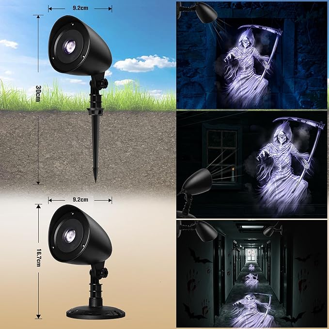 Halloween Projector Lights Outdoor Indoor - 3D Dynamic White Reaper Projector Decorations Lights with Timer, Waterproof Halloween Light for Wall, Window, Ground, Roof, Cemetery, Holiday Decor