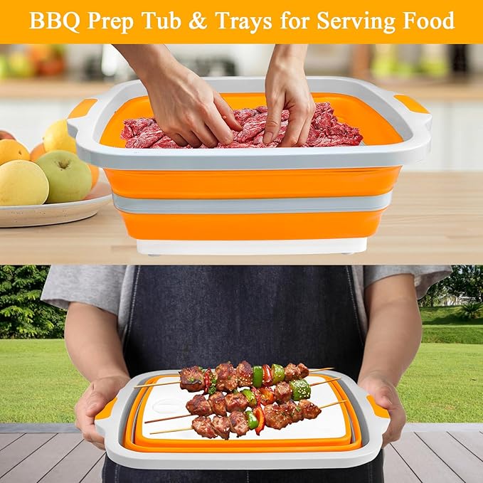 Collapsible BBQ Prep Tubs with Lids, Grill Cutting Board, Camping Sink with Drainage Hole for Meal Prep, Fruit Wash and Food Storage, Marinating Container, 30L Orange Tub 24"