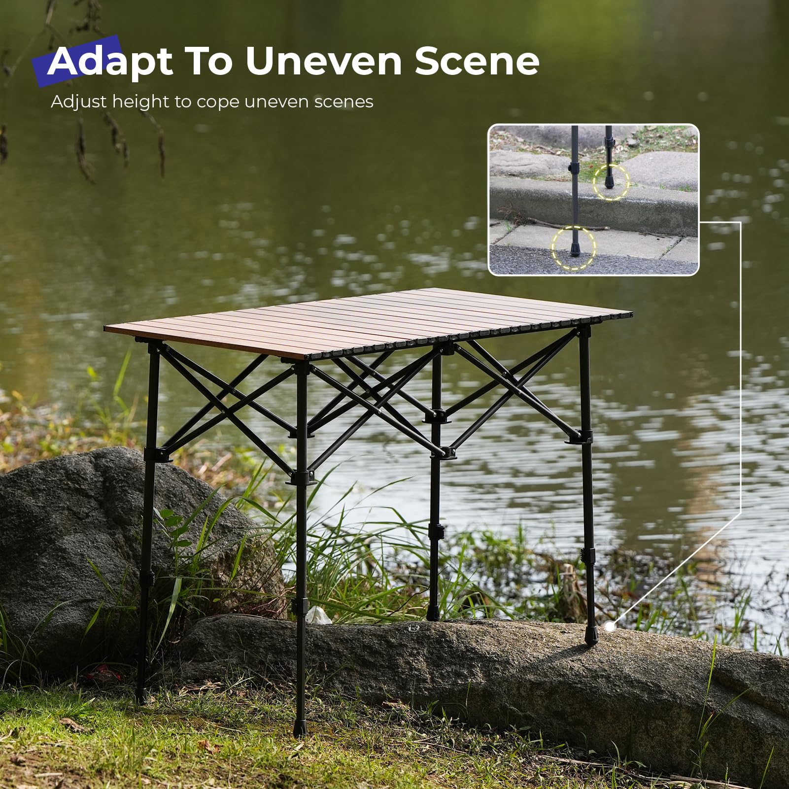 Byliable Camping Table Folding Portable Camp Aluminum Table, Wood Grain