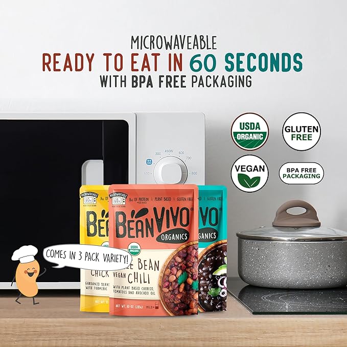 BeanVIVO - Variety 3 Pack (10 oz each) - Organic Baja Black Beans, Three Bean Vegan Chili, Coconut Curry Chickpeas - Seasoned & Ready to Eat, Plant Protein, Vegan, Gluten Free, Microwaveable, Instant Meals