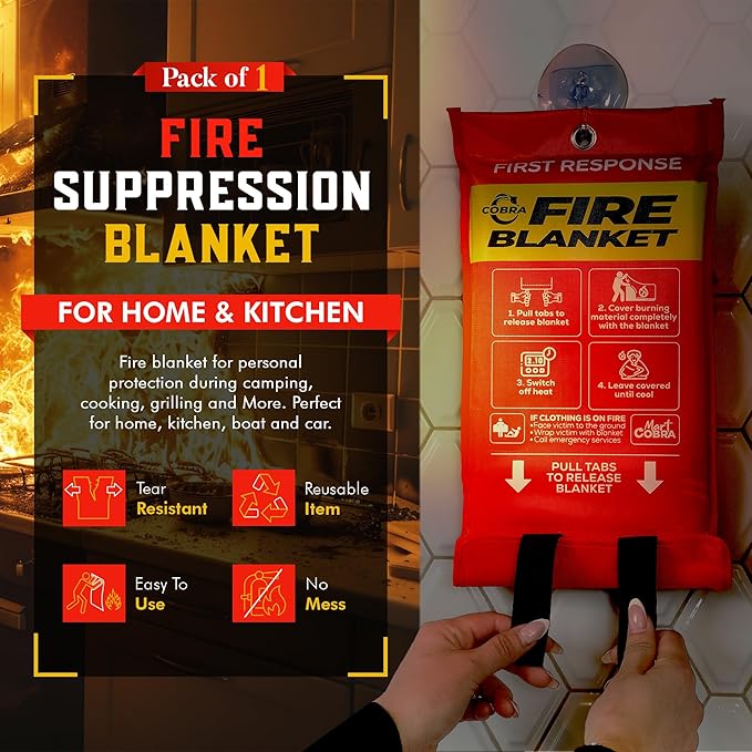 Mart Cobra Emergency Fire Blanket for Home and Kitchen - 1 Pack - Fire Blankets Emergency for Home Safety 40??x 40??- Suppression Shield Retardant Extinguisher Fiberglass Welding Fireproof Cloth Towel