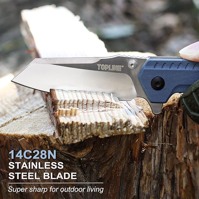 TOPLINE Folding Pocket Knife with G10 Handle, 14C28N Steel Blade Camping Folding Knife, Liner Lock, Portable Pocket Knife for Men, Women, Outdoor Users, Lightweight EDC Knife for Hunting, Survival, Blue