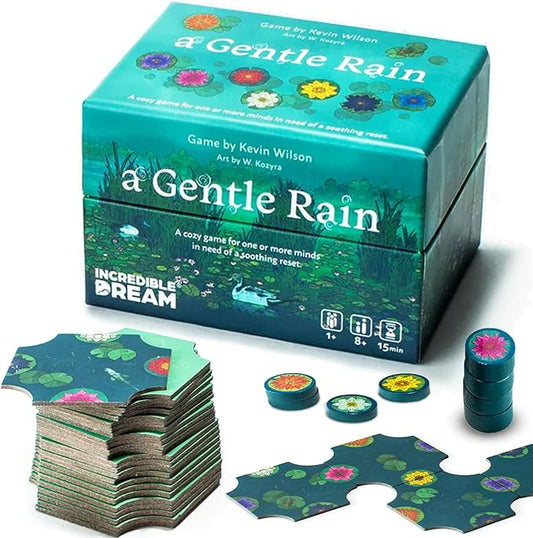 A Gentle Rain ??Calming Tile-Laying Puzzle Game ??Mindful Solo, 2-Player, or Cooperative Play in 15 Minutes ??Soft-Touch Tiles & Wooden Blossoms ??Compact, Giftable, Family-Friendly Board Game