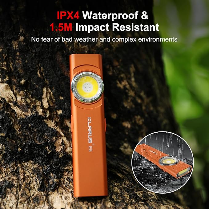 klarus E5 Pocket Flashlight, Rechargeable EDC Flashlight, Super Slim 4.2x1x0.3inch, 600 Lumens, USB-C Port, IPX4, Dual Light Source with Magnetic Base, Hat & Clothes Clip - Orange