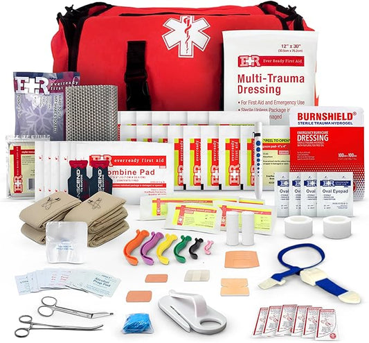 First Responder Trauma First Aid Kit Bag ??Fully Stocked Emergency Medical Kit for Workplace, Vehicle & Home ??OSHA & ANSI Compliant ??Portable ??Red
