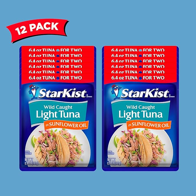 StarKist Chunk Light Tuna in Sunflower Oil, 6.4 oz Pouch (12 Pack) Ready to Eat Wild Caught Tuna, 19g Protein Per Serving, Gluten Free, Soy Free, Kosher, Perfect for Salads, Keto Meals and Snacks