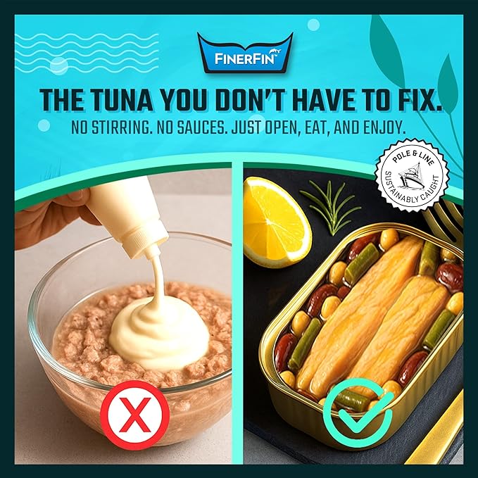 FinerFin Yellowfin Tuna In Organic Olive Oil ??3 Bean Salad Flavor (4.4oz can - 6 Pack); Premium Canned Fish with EVOO, Gourmet Ready-to-Eat Fillets, Wild-Caught