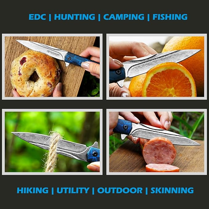 YOUSUNLONG Camping Folding Knife - Hammered Damascus Steel Blade Overall 215mm - Blue Damascus texture G10 Cover