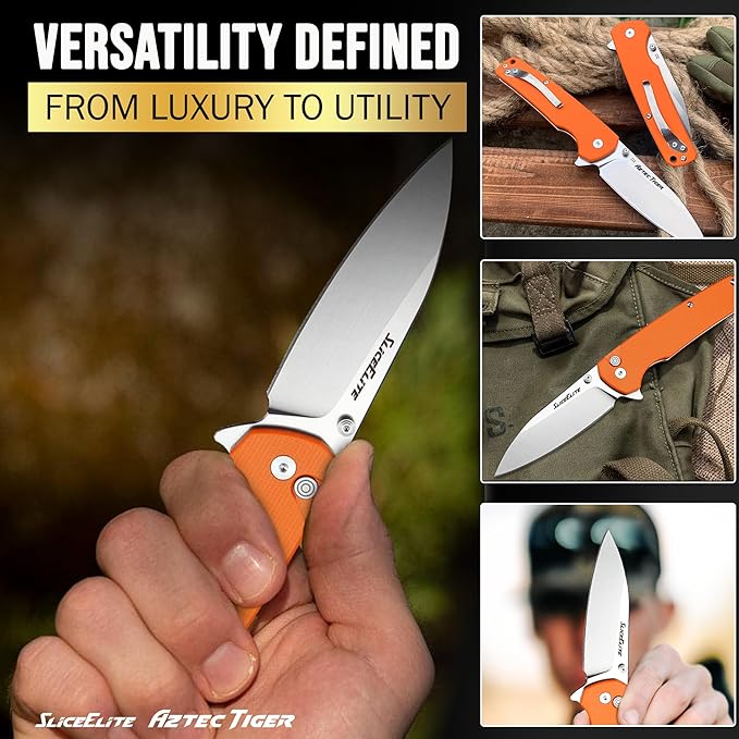 SliceElite 3.6-Inch Aztec Tiger Folding Knife | Pocket Knife with Orange G10 Composite Handle, D2 Steel Drop Point Blade & Stainless Steel Pocket Clip | EDC Gear Knife with Button Lock for Outdoor Use