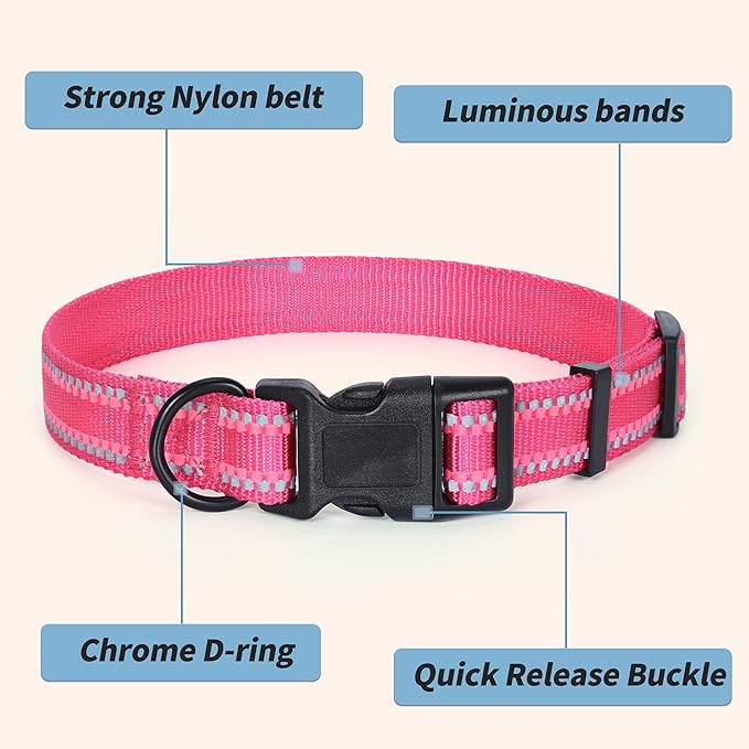Mile High Life Reflective Dog Collar, Basic Dog Collars Adjustable Quick Release, Soft Nylon Pet Collar with Metal D-Ring for Small Medium Large Dogs (Pink, L Neck15-19")
