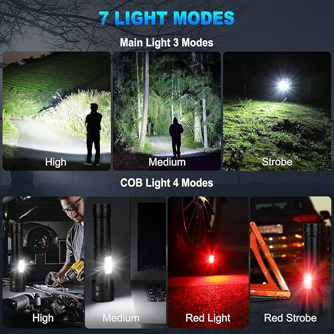 Rechargeable LED Flashlights High Lumens, 99,000 Lumens Super Bright Flashlight 7 Modes w/COB Work Light, Powerful Flash Light for Outdoor Emergency Hiking Camping