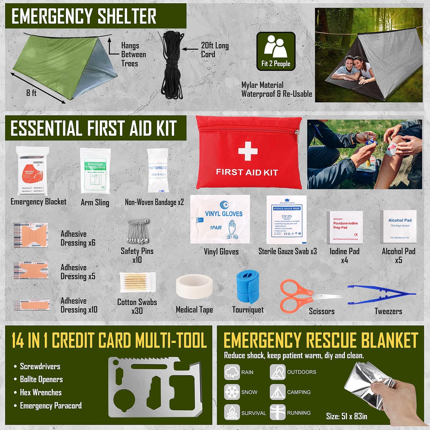 Survival Kit, 268 Pcs Emergency Survival Gear and Equipment Supplies with First Aid Kit, Camping