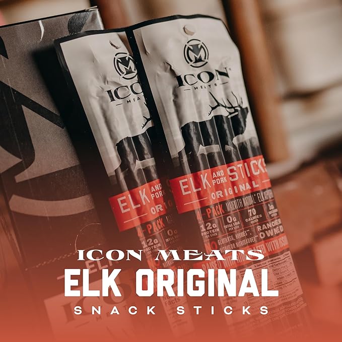 ICON Meats Elk and Pork Snack Sticks - Original Flavor - 6 Packs Per Box, 4 Sticks Per Pack, All Natural Jerky Meat Sticks, USDA Approved, Diet Friendly, High Protein, Low Calorie, Sugar Free