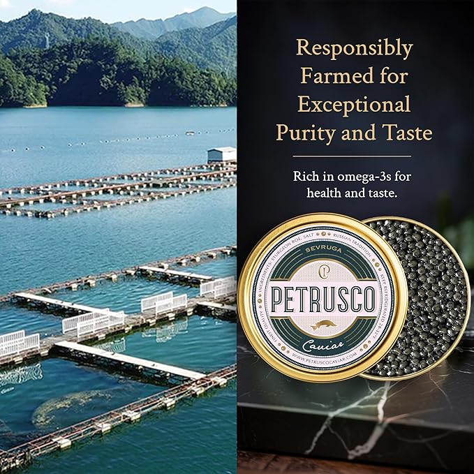 PETRUSCO Sevruga Black Caviar - Premium Fresh Seafood Sturgeon Fish Caviar - Rich, Buttery Flavor, Smooth & Briny Taste with Elegant Texture and Perfect for Fine Dining (8.8 Ounces)