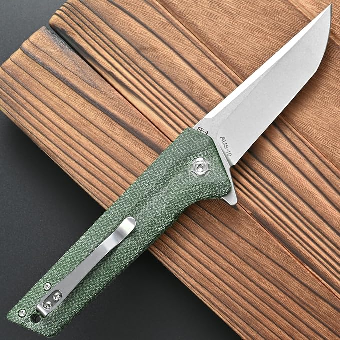 FF4 Folding Knife, AUS-10 Steel Blade Micarta Handle Knife for Outdoor Camping Hunting Fishing Survival(Green)