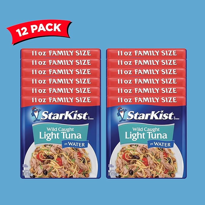 StarKist Chunk Light Tuna in Water, 11 oz Pouch (12 Pack) Ready to Eat Wild Caught Tuna, 19g Protein Per Serving, 80 Calories Per Serving, Gluten Free, Soy Free, Kosher, Perfect for Meals and Snacks