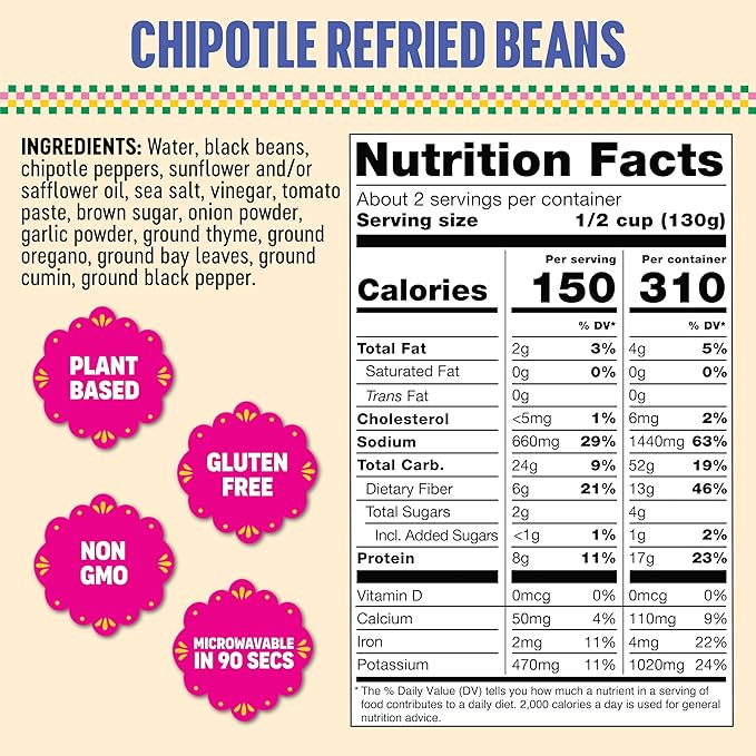 SOMOS Chipotle Refried Black Beans - Gluten Free, Non-GMO, Vegan & Microwavable Meals Ready to Eat - Delicious, Healthy & Convenient - Perfect for Burrito Bowls, Tostadas & More | 10 oz (Pack of 6)